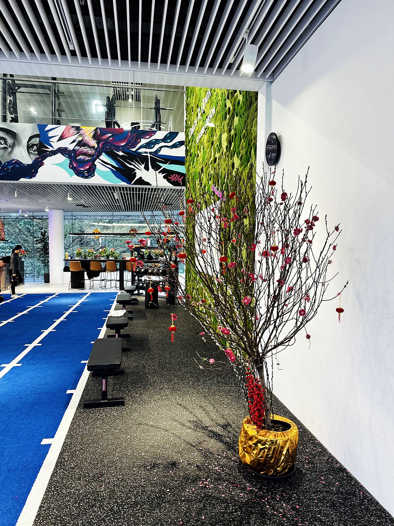 A seasonal blossom installation in a corporate space