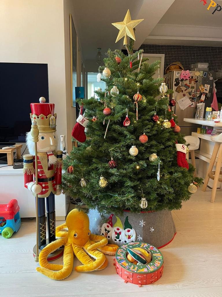 Family Christmas tree with a gold star, red and gold ornaments, and stockings