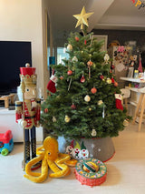 Family Christmas tree with a gold star, red and gold ornaments, and stockings